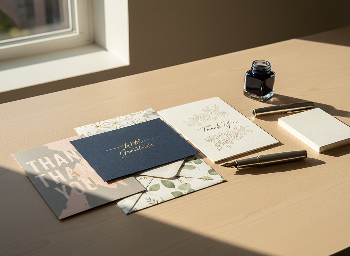 A refined tableau of assorted thank-you cards arranged on a pale wooden desk, representing various wedding and celebration themes. One card shows minimalist gold foil script on rich, matte navy cardstock; another features subtle floral line art on soft ivory; a third showcases a modern, typographic design in warm grey and blush. Envelopes with pointed flaps, lined in coordinating patterns, peek from beneath. A metal fountain pen, ink bottle, and a small stack of blank cards sit nearby. Natural afternoon light falls from a large unseen window, illuminating fine paper fibers and metallic accents, producing gentle highlights and calm shadows. Photographic realism at eye-level, with a moderate depth of field that keeps all key elements sharp, expressing a composed, sophisticated portfolio atmosphere.