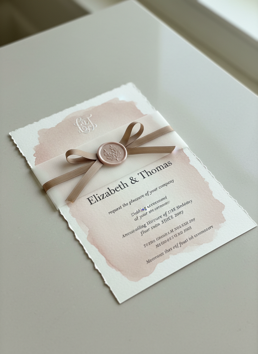 A close-up, photographic scene of a single wedding invitation suite in muted blush and cream tones, resting on a smooth, matte stone surface. The main card features deckled edges, subtle watercolor wash in the background, and fine serif typography in deep charcoal. An elegantly imprinted monogram glows subtly in clear gloss. A translucent vellum wrap with a thin, taupe silk ribbon and a small wax seal delicately overlaps the card. Soft, diffused window light from the right brings out paper textures and casts gentle, romantic shadows. Shot at a slight diagonal from an elevated angle with shallow depth of field, the focus rests on the typography while the ribbon and seal fade into a creamy bokeh, creating a serene, sophisticated mood.