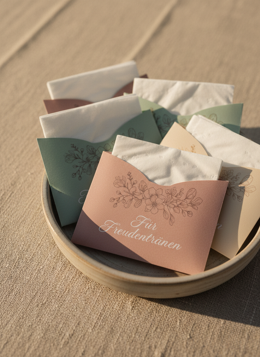 A detailed close-up of specially designed wedding tear-off tissue packets arranged neatly in a shallow ceramic tray in soft greige. Each packet is crafted from smooth, matte paper sleeves in muted pastel tones—dusty rose, sage, and champagne—printed with delicate line illustrations of florals and small, refined phrases in elegant script, such as “Für Freudentränen.” The openings reveal pristine white tissues folded precisely. The tray rests on a finely woven table runner in natural linen. Warm, late-afternoon sunlight streams from the side, creating refined highlights on the print and gentle, elongated shadows along the runner’s weave. Photographic realism from a slightly elevated angle, with shallow depth of field that draws the eye to one featured packet while the rest softly blur into the background, evoking a quietly luxurious and heartfelt atmosphere.