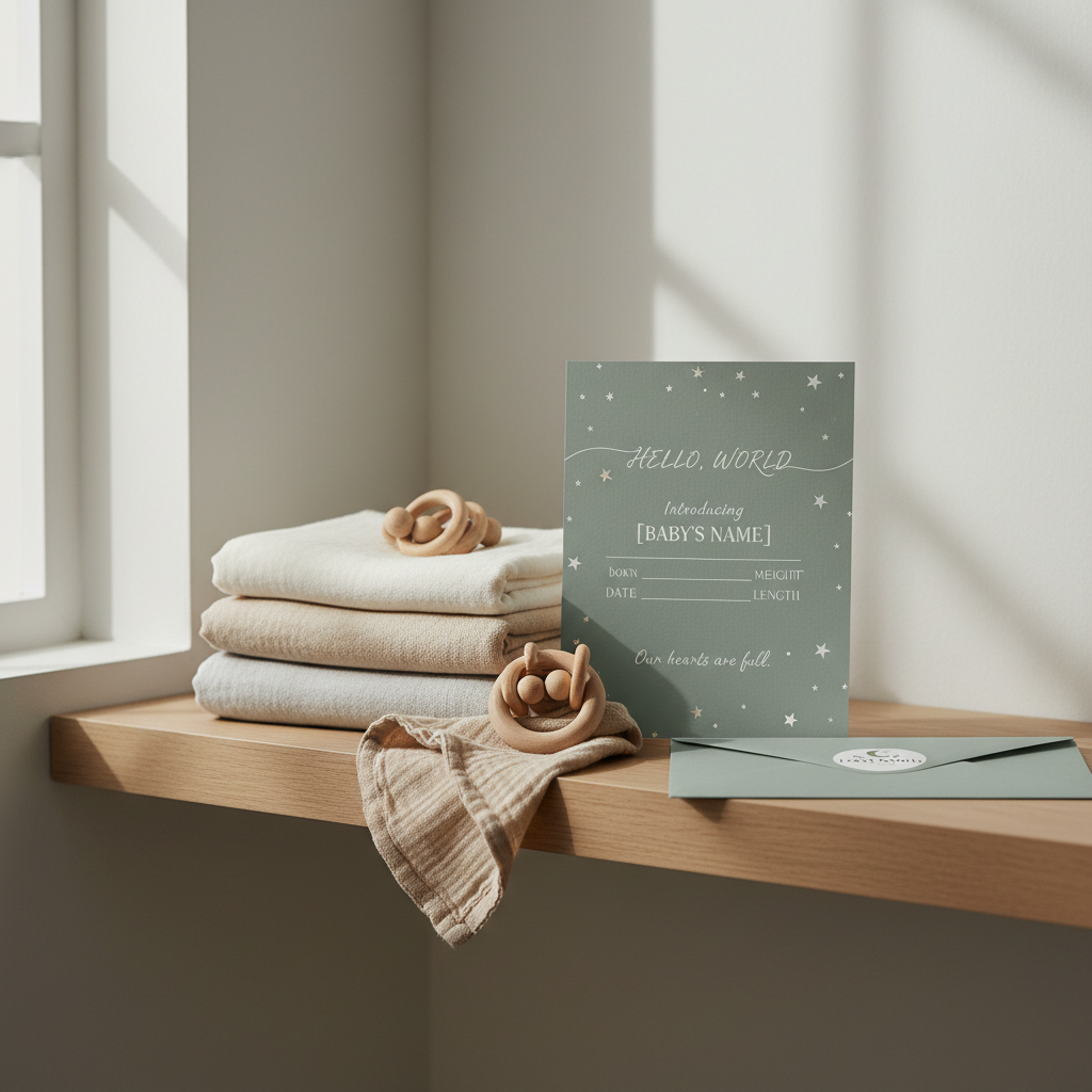 A serene nursery corner focused on a beautifully designed birth announcement card propped against a stack of folded, neutral-toned baby blankets on a light oak shelf. The card features a soft, muted sage background with minimalist white stars and elegant lettering in warm grey, printed on thick, subtly textured cardstock. Nearby lies an envelope with a custom address stamp and a tiny illustrated icon on the flap. A wooden rattle and a cotton muslin cloth in beige add gentle context. Diffused, overcast daylight filters in from the left, creating a peaceful, cozy mood with soft, feathered shadows. Photographic realism, framed using the rule of thirds, with the card in sharp focus and the textiles and objects softly receding for a sophisticated yet tender aesthetic.